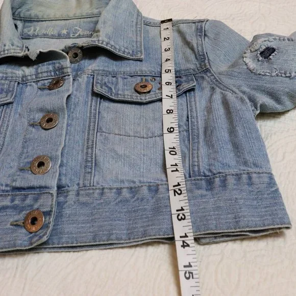 Vanilla Star Jeans | Light Wash Distressed Embroidered Cropped Jean Jacket - Picture 13 of 16